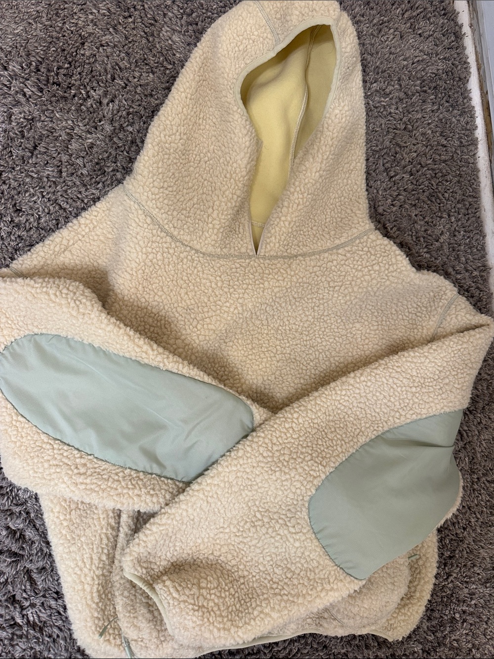 Entire studios dupe Cream Sherpa Hoodie with Mint Elbow Patches